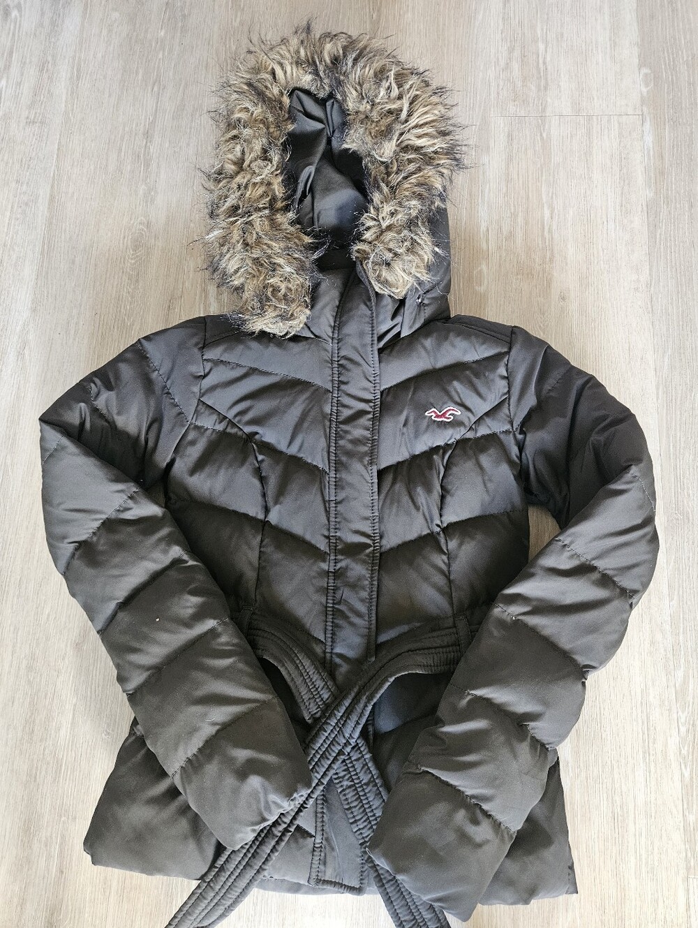 Hollister Y2K Puffer Jacket Faux Fur Hood Olive Green Women's XS